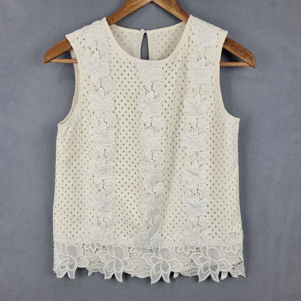 Womens Blouse Top PXS‎ Beige Cotton Boho Chic Lace Round Neck Outerwear Keyhole